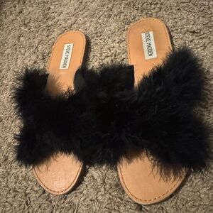 Steve Madden Black Faux Fur Slide Sandals with Tan Footbed